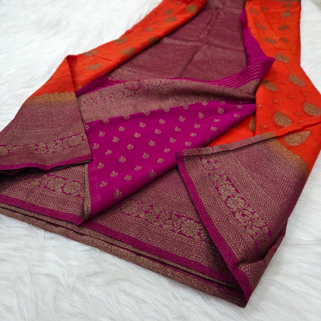 Bright Orange Semi Mysore Crepe Silk Saree with Golden Zari